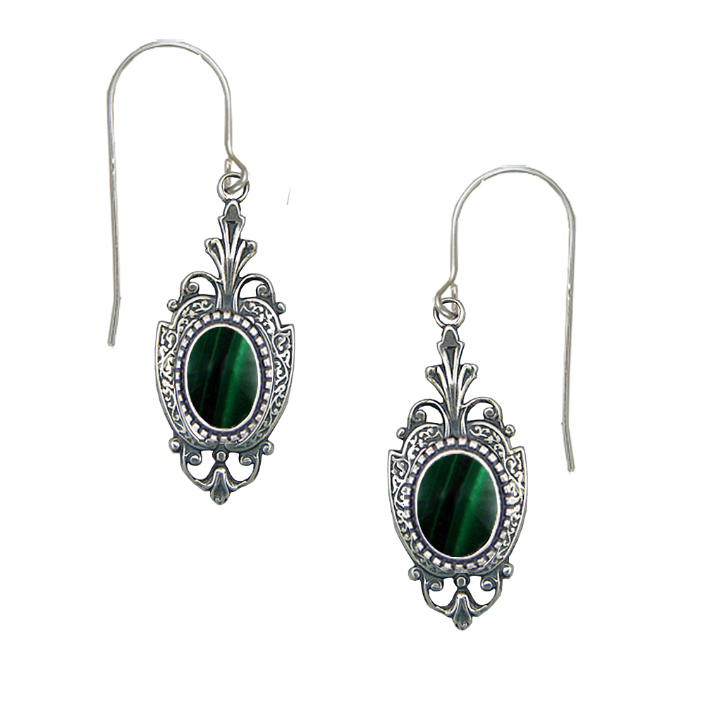 Sterling Silver Victorian Drop Dangle Earrings With Malachite